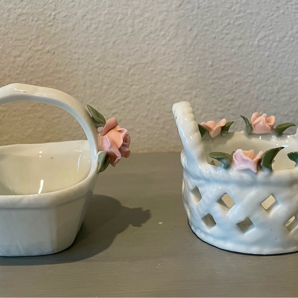 Ceramic Basket Set with Pink Floral Accents